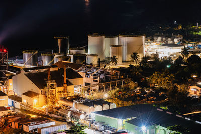 High angle view of illuminated buildings in city at night