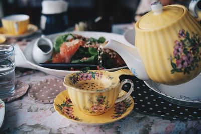 High angle view of food with drink on table