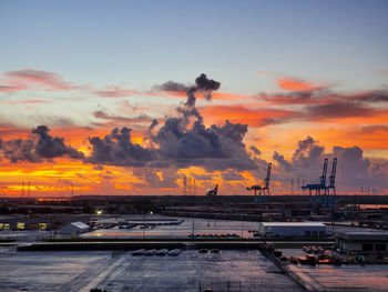 Panoramic view of factory against sky during sunset