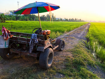 Agricultural vehicle on country road amidst rice field