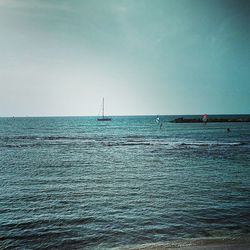 Sailboat sailing in sea against clear sky