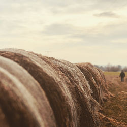 Hay bales on field against sky