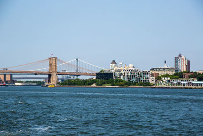 Bridge over river in city against clear sky