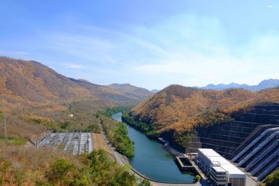 High angle view of river amidst mountains against sky