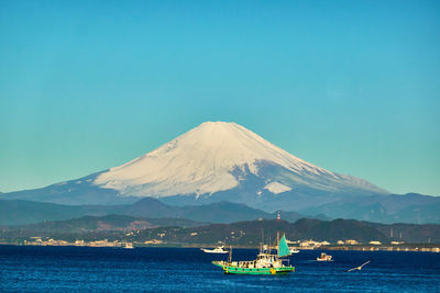 Scenic view of sea and snowcapped mountains against clear blue sky