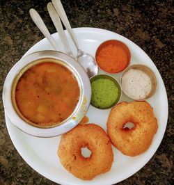 High angle view of breakfast served on table