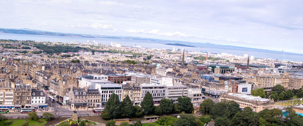 High angle shot of townscape against sky