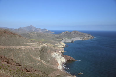 Scenic view of sea and mountains against clear blue sky