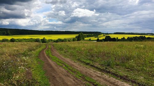 Scenic view of field against cloudy sky