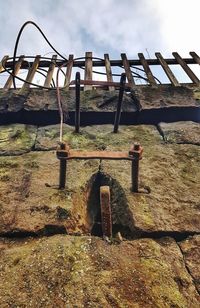 Low angle view of old fence on field against sky