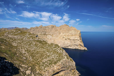 High angle view of scenic mediterranean seascape by rocky cliff during summer
