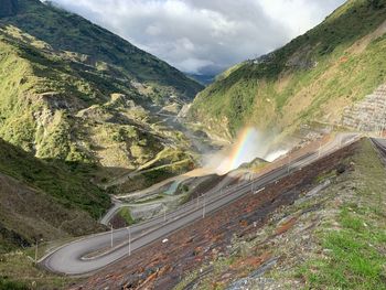 High angle view of road amidst mountains against sky