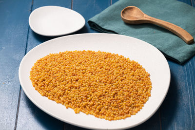 High angle view of bread in bowl on table