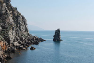 Scenic view of rocks in sea against sky