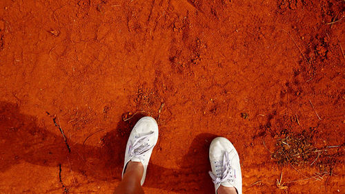 Low section of person standing against orange wall