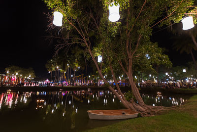 Reflection of illuminated trees in lake at night