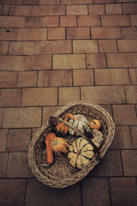 High angle view of carvings on brick wall