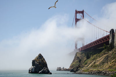 Panoramic view of bridge over sea against sky