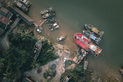 High angle view of boats moored in river