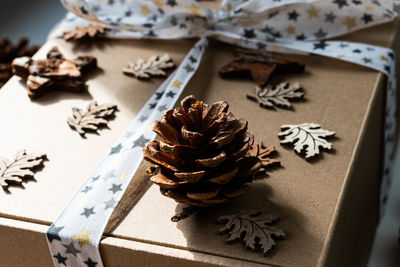 High angle view of christmas decorations on table