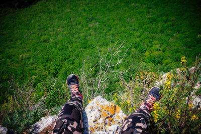 Low section of man standing on grass