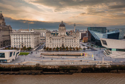 Aerial close up of the tower of the royal liver building in liverpool