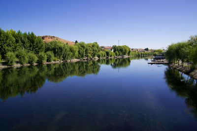 Scenic view of lake against clear blue sky