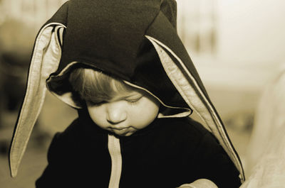 Close-up of baby boy in halloween costume