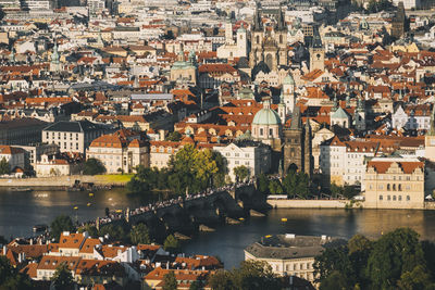 View over charles bridge from petrin hill, prague, czech republic.