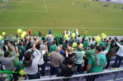 High angle view of people on soccer field