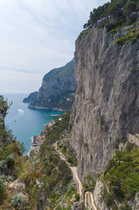 Scenic view of sea and mountains against sky