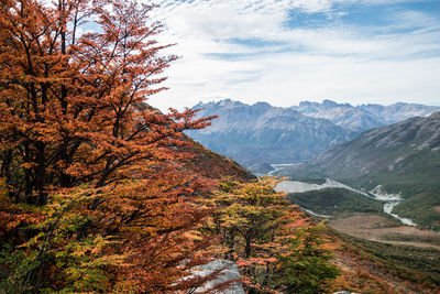 Scenic view of mountains against sky during autumn