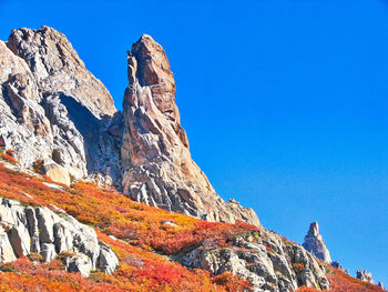 Low angle view of rocky mountains against clear blue sky