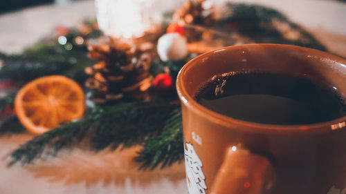 Close-up of christmas ornaments on table