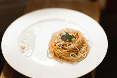 Close-up of noodles served in plate