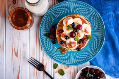 High angle view of breakfast served on table