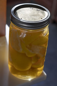 High angle view of drink in jar on table
