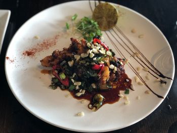 High angle view of salad in plate on table
