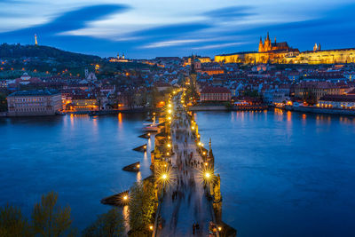 High angle view of illuminated city at riverbank