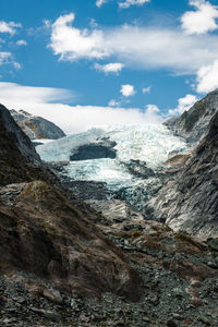 Scenic view of landscape and mountains against sky at franz josef glacier new zealand