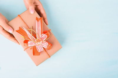 High angle view of woman holding hands over white background