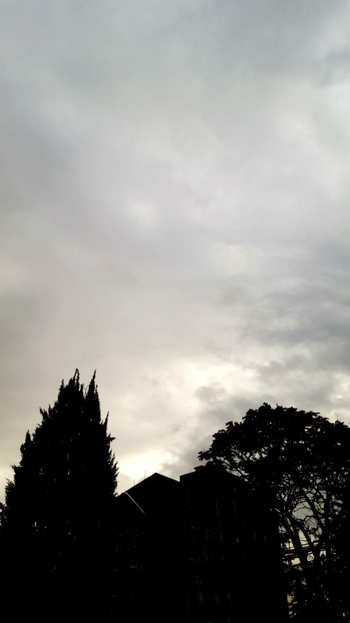 low angle view, sky, architecture, built structure, silhouette, tree, building exterior, cloud - sky, cloudy, cloud, growth, high section, dusk, nature, outdoors, no people, overcast, building, house, day