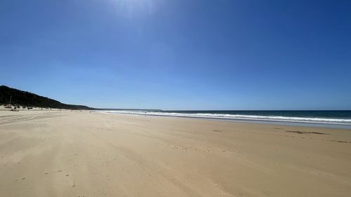 Scenic view of beach against clear blue sky