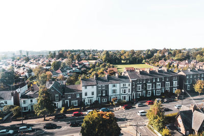 High angle view of townscape against clear sky