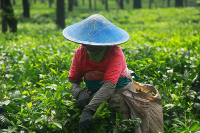 Midsection of woman wearing hat sitting on field