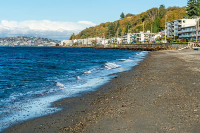 A veiw of condominiums near alki beach in west seattle, washington.