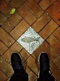 Low section of man standing on tiled floor