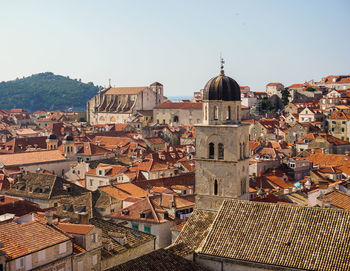 Aerial view of townscape against clear sky