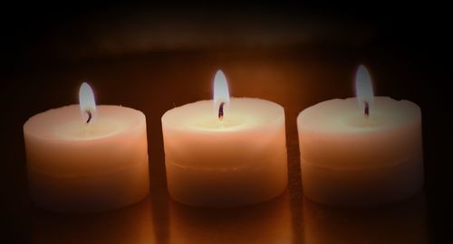 Close-up of lit candles in darkroom