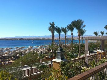 High angle view of sunwing waterworld makadi by sea against clear sky